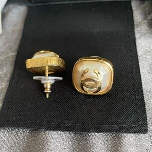CHANEL CC Earring Gold and Pearly White Studs